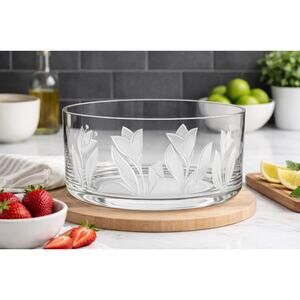 Etched Frosted Tulip Glass Bowl 9” Wide Vintage Style Centerpiece